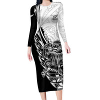 New Zealand Kiwi Rugby Custom Long Sleeve Bodycon Dress Go Champions Maori Pattern LT05 Long Dress White - Polynesian Pride