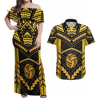 Custom Polynesia Beach Volleyball Couples Matching Off Shoulder Maxi Dress and Hawaiian Shirt Gold Polynesian Tribal Pattern - Polynesian Pride