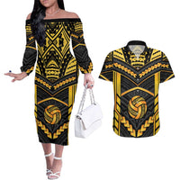 Custom Polynesia Beach Volleyball Couples Matching Off The Shoulder Long Sleeve Dress and Hawaiian Shirt Gold Polynesian Tribal Pattern LT05 Gold - Polynesian Pride