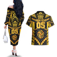 Custom Polynesia Beach Volleyball Couples Matching Off The Shoulder Long Sleeve Dress and Hawaiian Shirt Gold Polynesian Tribal Pattern - Polynesian Pride
