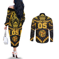 Custom Polynesia Beach Volleyball Couples Matching Off The Shoulder Long Sleeve Dress and Long Sleeve Button Shirt Gold Polynesian Tribal Pattern - Polynesian Pride