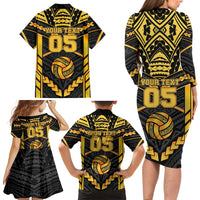 Custom Polynesia Beach Volleyball Family Matching Long Sleeve Bodycon Dress and Hawaiian Shirt Gold Polynesian Tribal Pattern LT05 - Polynesian Pride
