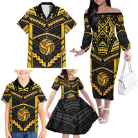 Custom Polynesia Beach Volleyball Family Matching Off The Shoulder Long Sleeve Dress and Hawaiian Shirt Gold Polynesian Tribal Pattern - Polynesian Pride