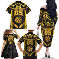 Custom Polynesia Beach Volleyball Family Matching Off The Shoulder Long Sleeve Dress and Hawaiian Shirt Gold Polynesian Tribal Pattern LT05 - Polynesian Pride