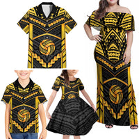 Custom Polynesia Beach Volleyball Family Matching Off Shoulder Maxi Dress and Hawaiian Shirt Gold Polynesian Tribal Pattern - Polynesian Pride