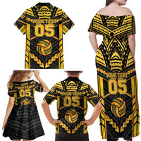 Custom Polynesia Beach Volleyball Family Matching Off Shoulder Maxi Dress and Hawaiian Shirt Gold Polynesian Tribal Pattern LT05 - Polynesian Pride
