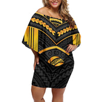 Custom Polynesia Beach Volleyball Family Matching Off Shoulder Short Dress and Hawaiian Shirt Gold Polynesian Tribal Pattern LT05 Mom's Dress Gold - Polynesian Pride