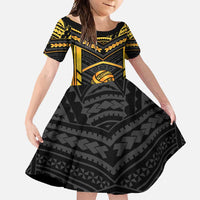 Custom Polynesia Beach Volleyball Family Matching Short Sleeve Bodycon Dress and Hawaiian Shirt Gold Polynesian Tribal Pattern LT05 Daughter's Dress Gold - Polynesian Pride