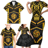 Custom Polynesia Beach Volleyball Family Matching Short Sleeve Bodycon Dress and Hawaiian Shirt Gold Polynesian Tribal Pattern LT05 - Polynesian Pride