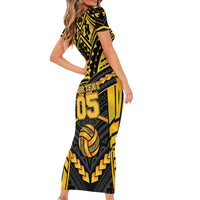 Custom Polynesia Beach Volleyball Short Sleeve Bodycon Dress Gold Polynesian Tribal Pattern LT05 - Polynesian Pride