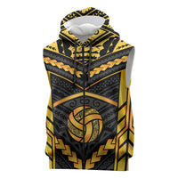 Custom Polynesia Beach Volleyball Sleeveless Zip Hoodie Gold Polynesian Tribal Pattern - Polynesian Pride