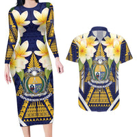 Personalised Nauru Independence Day Couples Matching Long Sleeve Bodycon Dress and Hawaiian Shirt Coat Of Arms With Plumeria LT05 Navy - Polynesian Pride