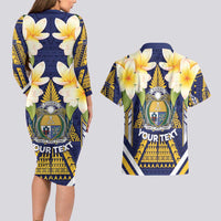 Personalised Nauru Independence Day Couples Matching Long Sleeve Bodycon Dress and Hawaiian Shirt Coat Of Arms With Plumeria LT05 - Polynesian Pride