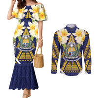 Personalised Nauru Independence Day Couples Matching Mermaid Dress and Long Sleeve Button Shirt Coat Of Arms With Plumeria - Polynesian Pride