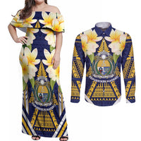 Personalised Nauru Independence Day Couples Matching Off Shoulder Maxi Dress and Long Sleeve Button Shirt Coat Of Arms With Plumeria - Polynesian Pride