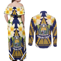 Personalised Nauru Independence Day Couples Matching Off Shoulder Maxi Dress and Long Sleeve Button Shirt Coat Of Arms With Plumeria - Polynesian Pride