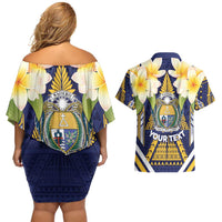 Personalised Nauru Independence Day Couples Matching Off Shoulder Short Dress and Hawaiian Shirt Coat Of Arms With Plumeria - Polynesian Pride