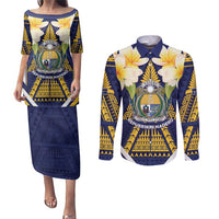 Personalised Nauru Independence Day Couples Matching Puletasi and Long Sleeve Button Shirt Coat Of Arms With Plumeria LT05 Navy - Polynesian Pride