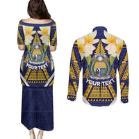 Personalised Nauru Independence Day Couples Matching Puletasi and Long Sleeve Button Shirt Coat Of Arms With Plumeria LT05 - Polynesian Pride