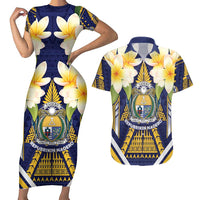 Personalised Nauru Independence Day Couples Matching Short Sleeve Bodycon Dress and Hawaiian Shirt Coat Of Arms With Plumeria LT05 Navy - Polynesian Pride