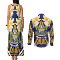 Personalised Nauru Independence Day Couples Matching Tank Maxi Dress and Long Sleeve Button Shirt Coat Of Arms With Plumeria - Polynesian Pride