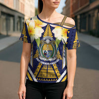 Personalised Nauru Independence Day Cross Shoulder Shirt Coat Of Arms With Plumeria - Polynesian Pride