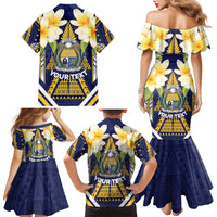 Personalised Nauru Independence Day Family Matching Mermaid Dress and Hawaiian Shirt Coat Of Arms With Plumeria - Polynesian Pride