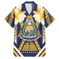 Personalised Nauru Independence Day Family Matching Mermaid Dress and Hawaiian Shirt Coat Of Arms With Plumeria LT05 Dad's Shirt - Short Sleeve Navy - Polynesian Pride
