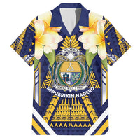 Personalised Nauru Independence Day Family Matching Off The Shoulder Long Sleeve Dress and Hawaiian Shirt Coat Of Arms With Plumeria LT05 Dad's Shirt - Short Sleeve Navy - Polynesian Pride