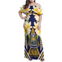Personalised Nauru Independence Day Family Matching Off Shoulder Maxi Dress and Hawaiian Shirt Coat Of Arms With Plumeria LT05 Mom's Dress Navy - Polynesian Pride