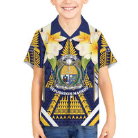 Personalised Nauru Independence Day Family Matching Off Shoulder Maxi Dress and Hawaiian Shirt Coat Of Arms With Plumeria LT05 Son's Shirt Navy - Polynesian Pride