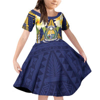 Personalised Nauru Independence Day Family Matching Off Shoulder Short Dress and Hawaiian Shirt Coat Of Arms With Plumeria LT05 Daughter's Dress Navy - Polynesian Pride