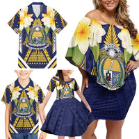Personalised Nauru Independence Day Family Matching Off Shoulder Short Dress and Hawaiian Shirt Coat Of Arms With Plumeria LT05 - Polynesian Pride