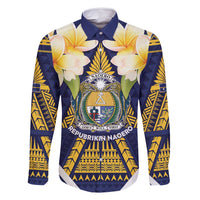 Personalised Nauru Independence Day Family Matching Off Shoulder Short Dress and Hawaiian Shirt Coat Of Arms With Plumeria LT05 Dad's Shirt - Long Sleeve Navy - Polynesian Pride