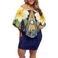 Personalised Nauru Independence Day Family Matching Off Shoulder Short Dress and Hawaiian Shirt Coat Of Arms With Plumeria - Polynesian Pride