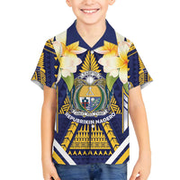 Personalised Nauru Independence Day Family Matching Off Shoulder Short Dress and Hawaiian Shirt Coat Of Arms With Plumeria LT05 Son's Shirt Navy - Polynesian Pride