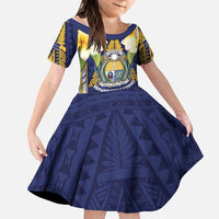 Personalised Nauru Independence Day Family Matching Puletasi and Hawaiian Shirt Coat Of Arms With Plumeria LT05 Daughter's Dress Navy - Polynesian Pride