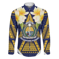 Personalised Nauru Independence Day Family Matching Short Sleeve Bodycon Dress and Hawaiian Shirt Coat Of Arms With Plumeria LT05 Dad's Shirt - Long Sleeve Navy - Polynesian Pride