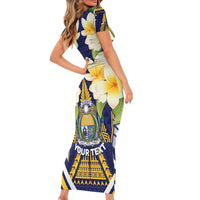 Personalised Nauru Independence Day Family Matching Short Sleeve Bodycon Dress and Hawaiian Shirt Coat Of Arms With Plumeria - Polynesian Pride
