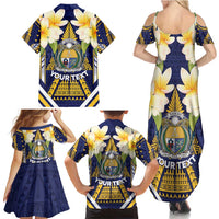 Personalised Nauru Independence Day Family Matching Summer Maxi Dress and Hawaiian Shirt Coat Of Arms With Plumeria - Polynesian Pride