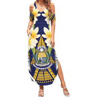Personalised Nauru Independence Day Family Matching Summer Maxi Dress and Hawaiian Shirt Coat Of Arms With Plumeria LT05 Mom's Dress Navy - Polynesian Pride