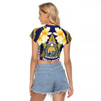 Personalised Nauru Independence Day Raglan Cropped T Shirt Coat Of Arms With Plumeria LT05 - Polynesian Pride