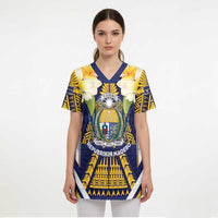 Personalised Nauru Independence Day Scrub Top Coat Of Arms With Plumeria - Polynesian Pride