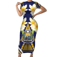 Personalised Nauru Independence Day Short Sleeve Bodycon Dress Coat Of Arms With Plumeria LT05 Long Dress Navy - Polynesian Pride