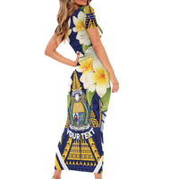 Personalised Nauru Independence Day Short Sleeve Bodycon Dress Coat Of Arms With Plumeria LT05 - Polynesian Pride