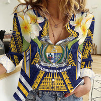 Personalised Nauru Independence Day Women Casual Shirt Coat Of Arms With Plumeria - Polynesian Pride