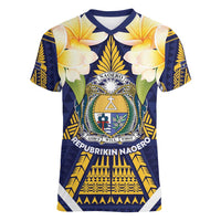 Personalised Nauru Independence Day Women V-Neck T-Shirt Coat Of Arms With Plumeria LT05 Female Navy - Polynesian Pride