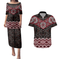 New Zealand Aotearoa Couples Matching Puletasi and Hawaiian Shirt Red Taniko Art Maori Pattern LT05 Red - Polynesian Pride
