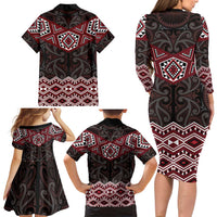 New Zealand Aotearoa Family Matching Long Sleeve Bodycon Dress and Hawaiian Shirt Red Taniko Art Maori Pattern LT05 - Polynesian Pride