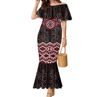 New Zealand Aotearoa Family Matching Mermaid Dress and Hawaiian Shirt Red Taniko Art Maori Pattern LT05 Mom's Dress Red - Polynesian Pride